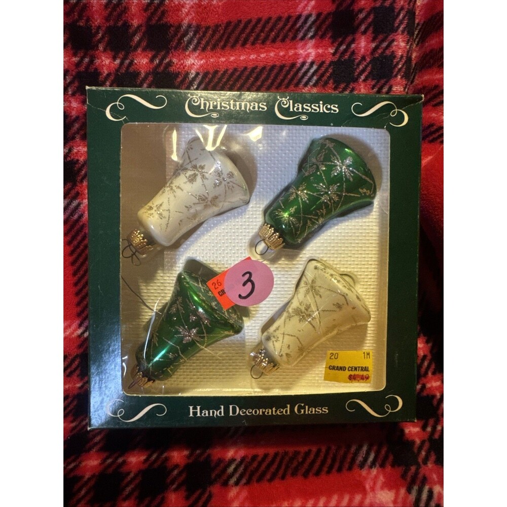 Vintage Christmas By Krebs Bell Ornaments Set of 4 Glass Green White 80s